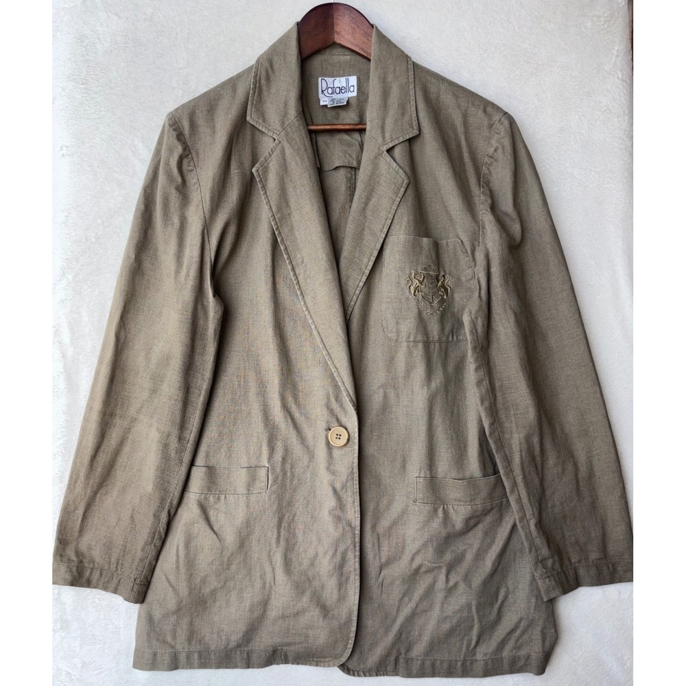VINTAGE LINEN CREST BLAZER Olive Green Academia Oversized Womens 10 Rafaella Ivy